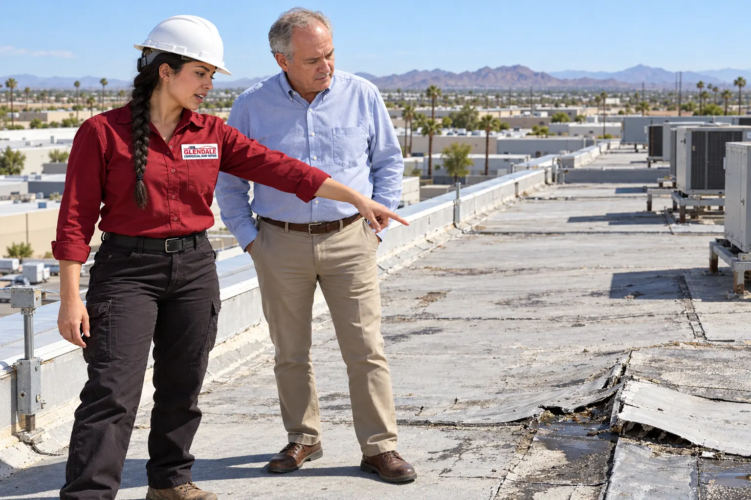 Roofer pointing out a split, lifted seam on an aged flat roof to a Glendale building owner