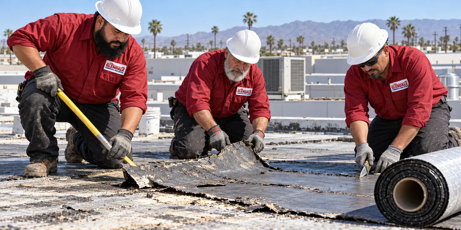 Three roofers cutting out torn modified bitumen and unrolling a new roll on a Glendale roof