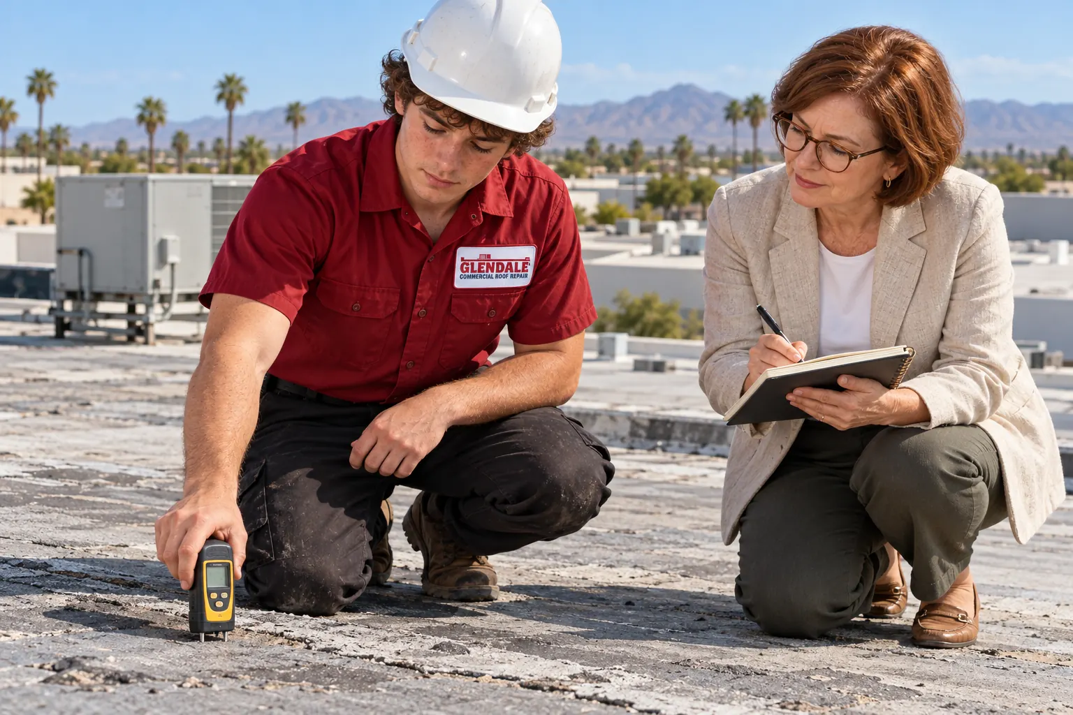 Roofer checking an aged flat roof with a moisture meter while a facility manager takes notes