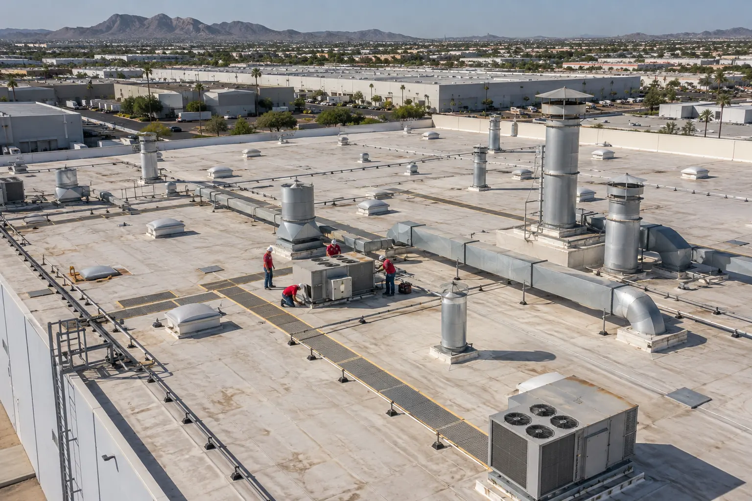 Roofers working at a rooftop unit among exhaust stacks and walkway pads on an industrial roof